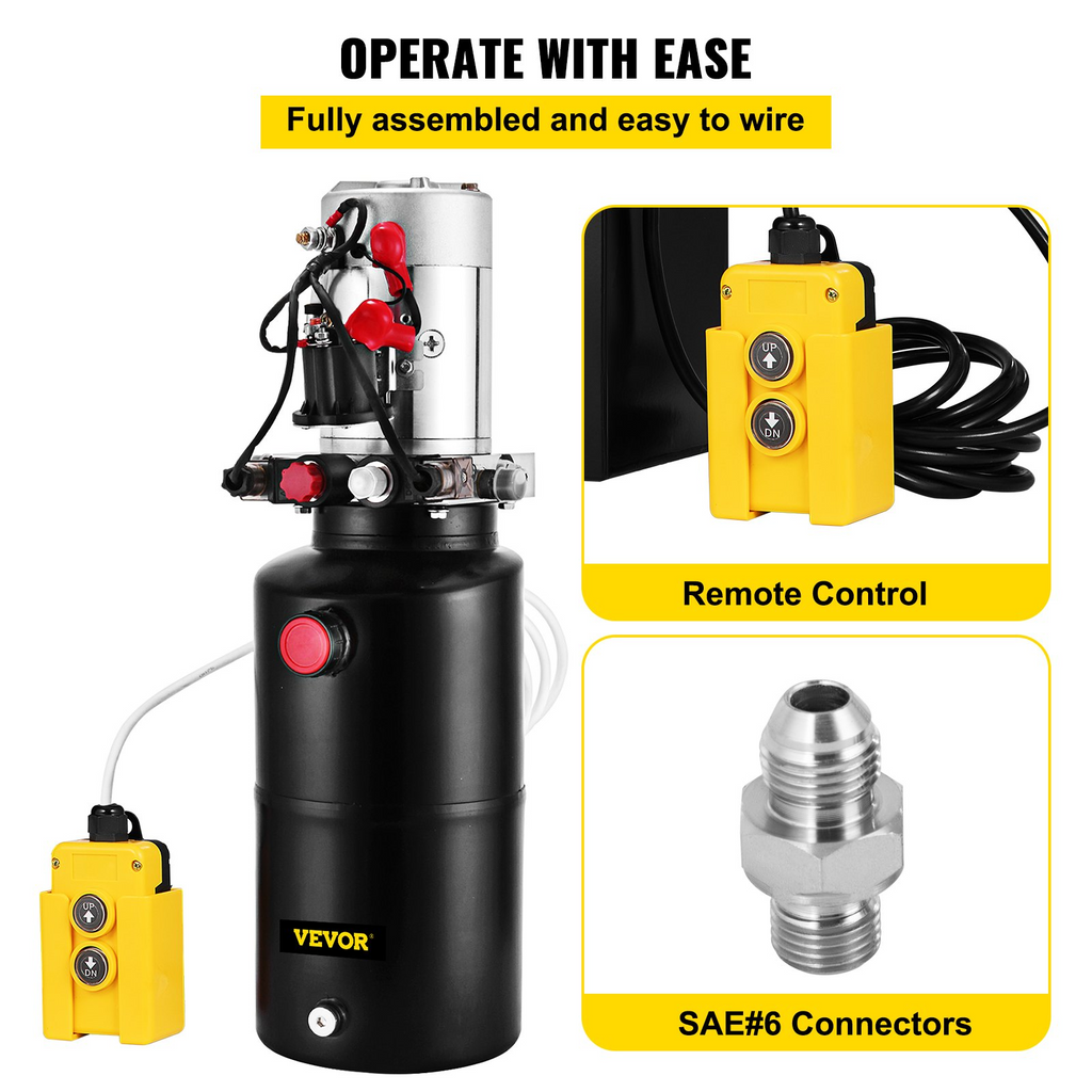 Unidad de potencia hidráulica VEVOR, bomba hidráulica de doble efecto de 12 V CC, unidad de bomba hidráulica con depósito de acero de 8 cuartos de galón para remolques de volteo, bomba elevadora de automóviles  doble efecto de 8 cuartos