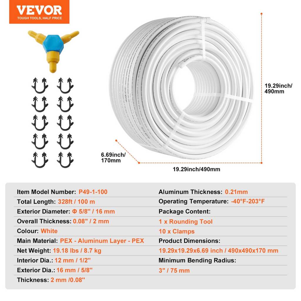 Tubo PEX-AL-PEX de VEVOR 328 pies diámetro de 5/8''  compuesto de aluminio y plástico espesor de 0,08''