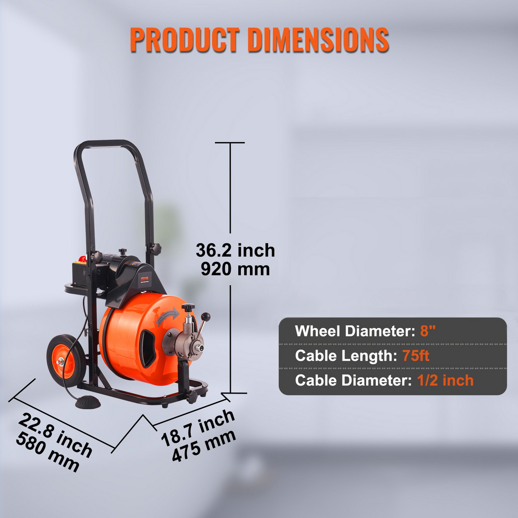 Máquina de limpieza de desagües VEVOR de 23 MTS x 1/2 pulgada, máquina desatascadora de alcantarillado con alimentación automática, limpiador de barrena de desagüe con 4 cortadores e interruptor de pie activado por aire