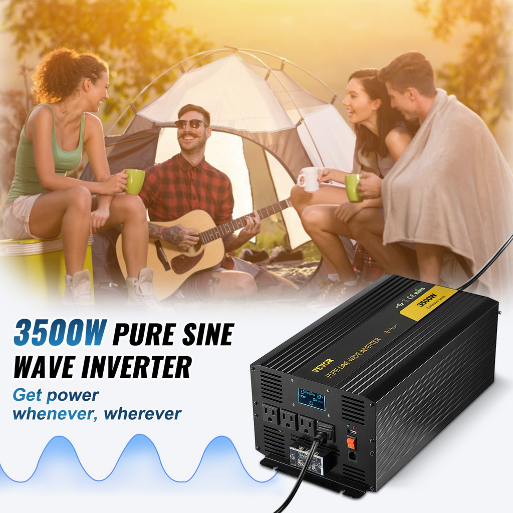 Inversor de onda sinusoidal pura VEVOR de 3500 vatios inversor de corriente de CC de 12 V a CA de 120 V para automóvil con puerto USB pantalla LCD control remoto y tomas de CA (GFCI)
