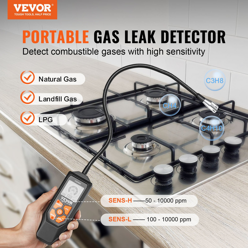 Detector de fugas de gas VEVOR Detector de gas natural de 50 a 10 000 ppm con sonda de 18,5 pulgadas