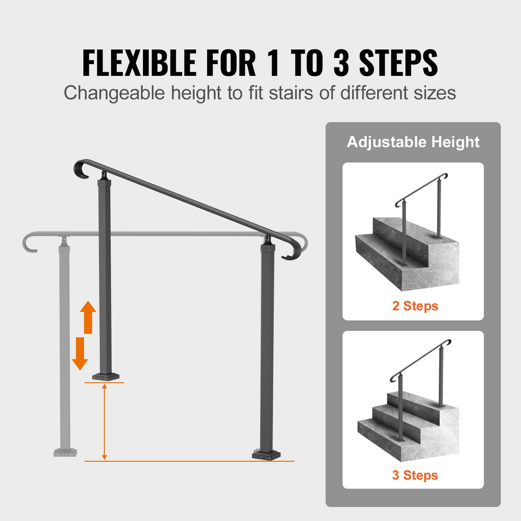VEVOR Handrails for Outdoor Steps, Fit 1-3 Steps Wrought Iron Handrail, Outdoor Stair Railing, Adjustable Front Porch Hand Rail, Black Transitional Hand railings for Concrete Steps or Wooden Stairs