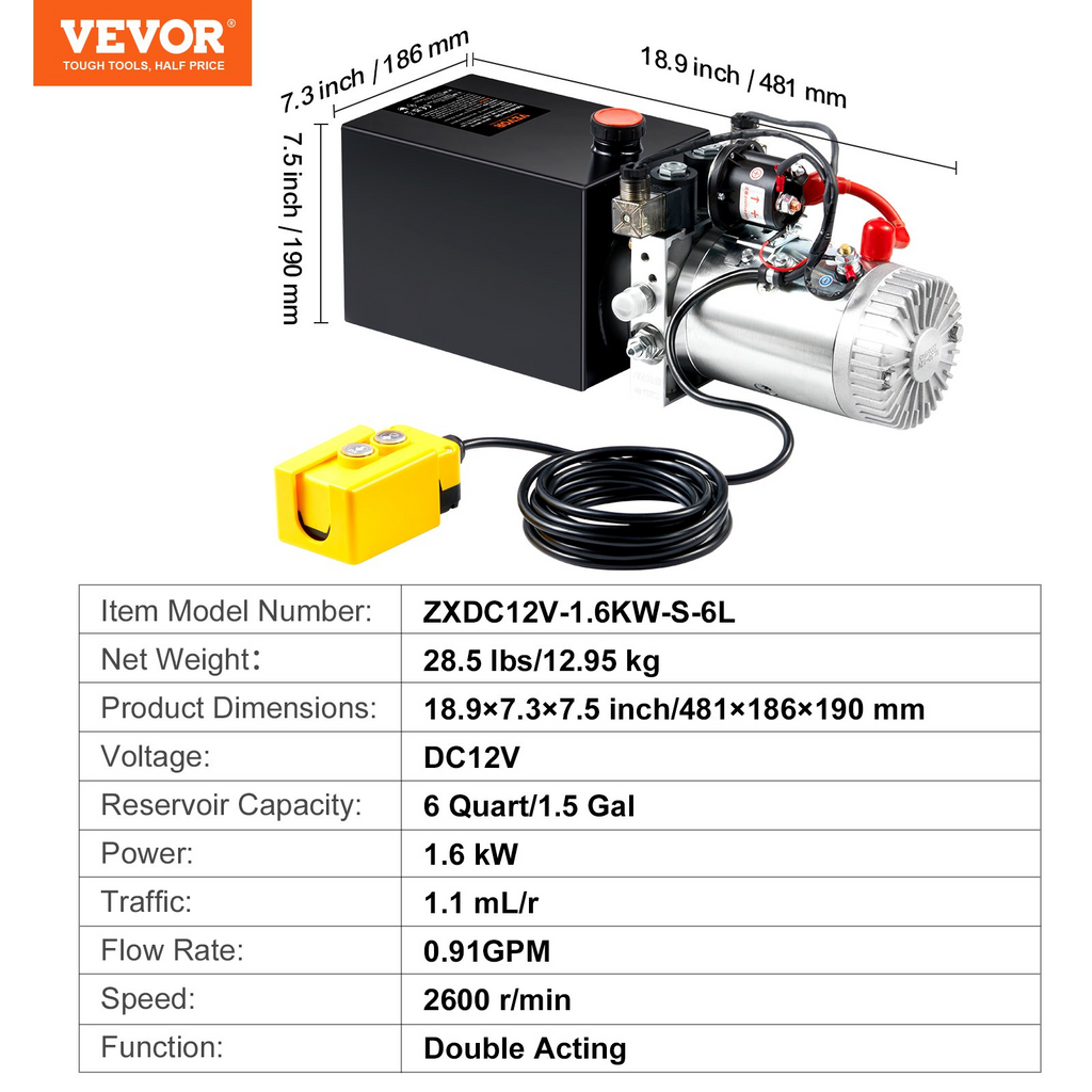Bomba hidráulica VEVOR, unidad de potencia hidráulica de 6 cuartos, bomba de remolque de volteo de doble acción, caudal de 0,91 GPM, presión de alivio máxima de 3200 PSI, bomba hidráulica de 12 V CC