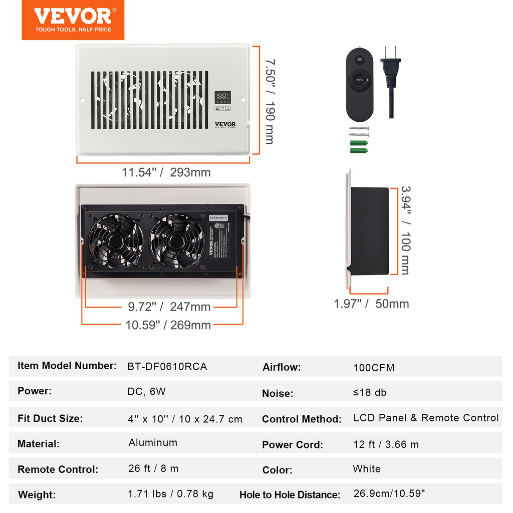 Ventilador de ventilación de refuerzo VEVOR apto para orificios de ventilación de 6" x 10"