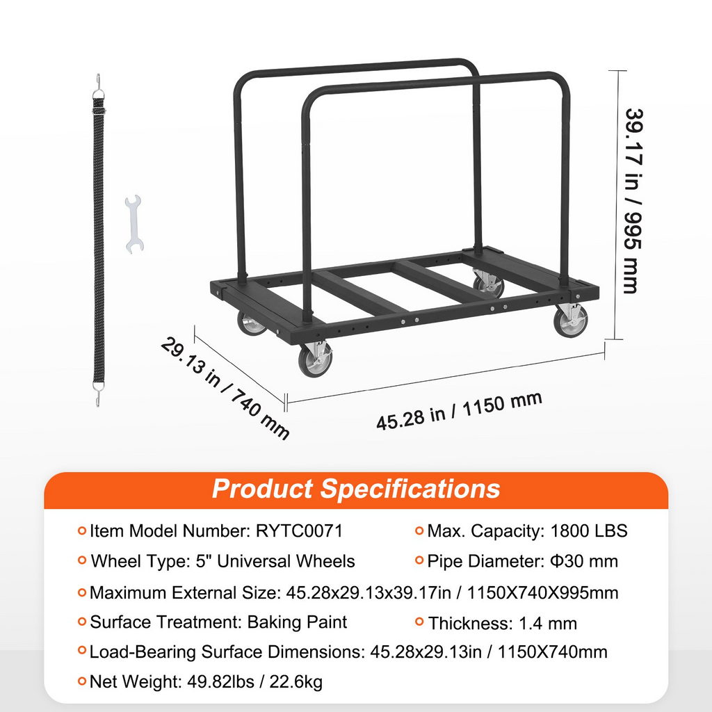 Carro para paneles de yeso VEVOR con plataforma de 45,28" x 29,13" y ruedas giratorias de 5"