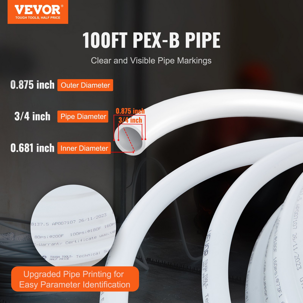 Tubo PEX VEVOR 3/4 pulgada 100 pies flexible PEX-B para agua potable caliente fría plomería incluye cortador abrazaderas gratis blanco