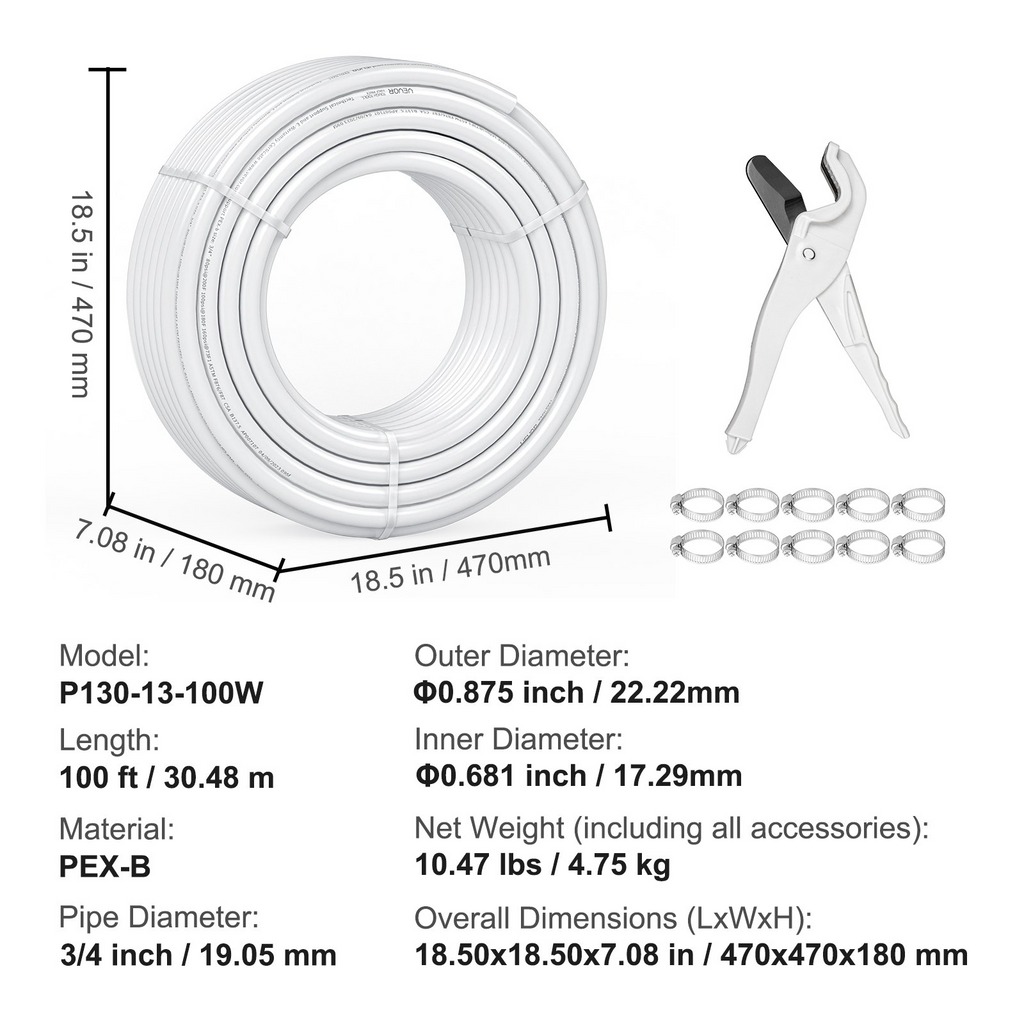 Tubo PEX VEVOR 3/4 pulgada 100 pies flexible PEX-B para agua potable caliente fría plomería incluye cortador abrazaderas gratis blanco