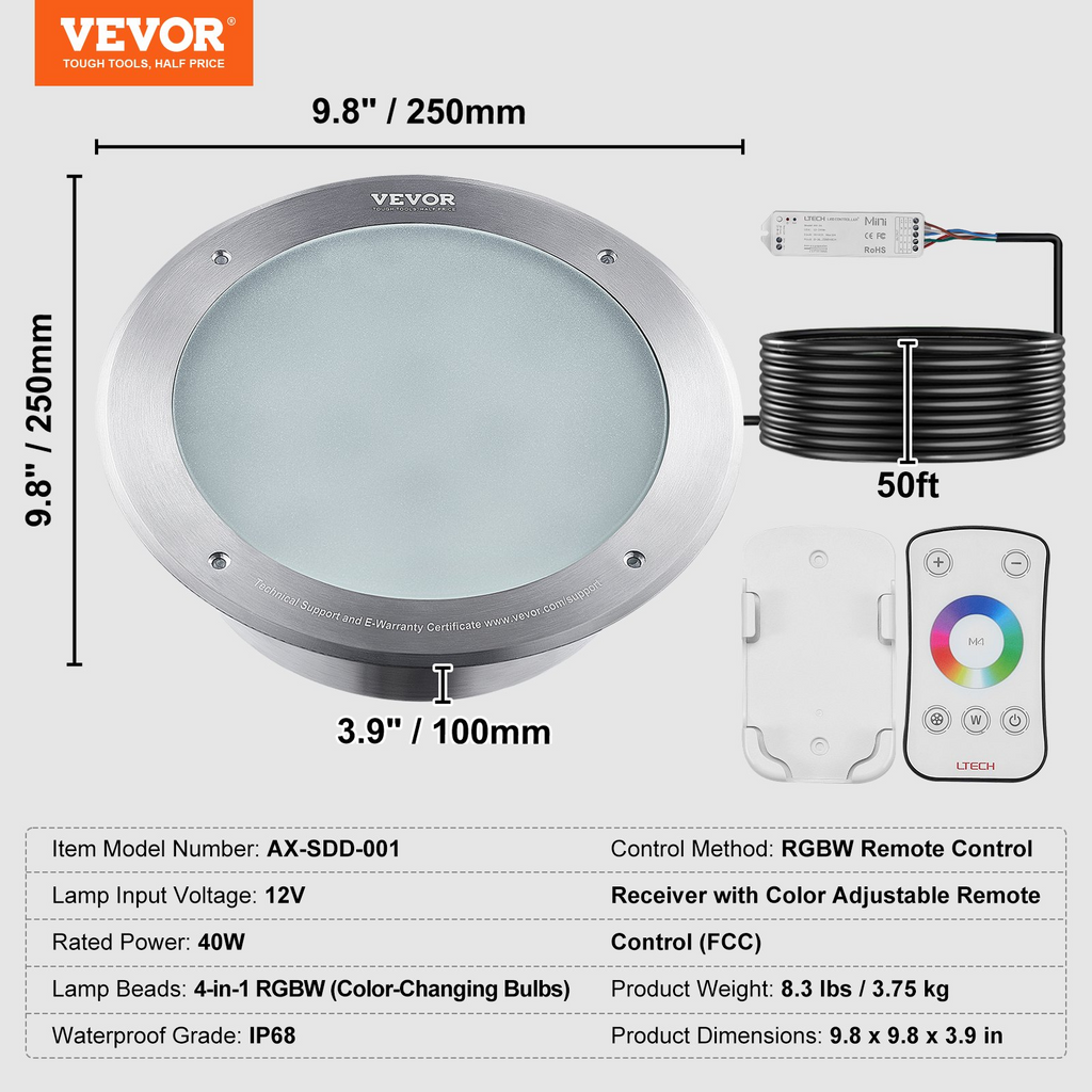 VEVOR Luz LED para piscina de 12 V 10 pulgadas, 40 W