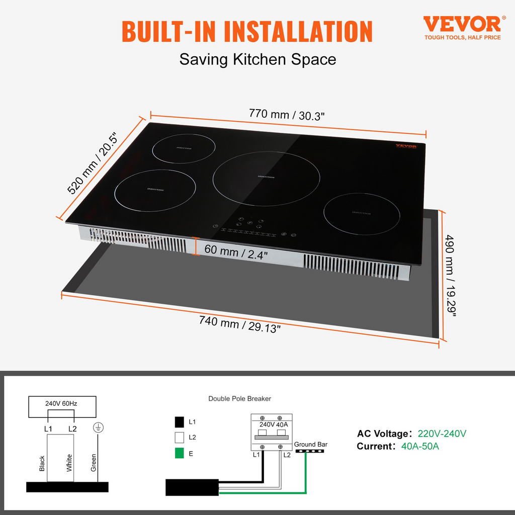 Cocina eléctrica VEVOR 4 quemadores placa de inducción de 30'' placa de cocina magnética incorporada de 7500 W