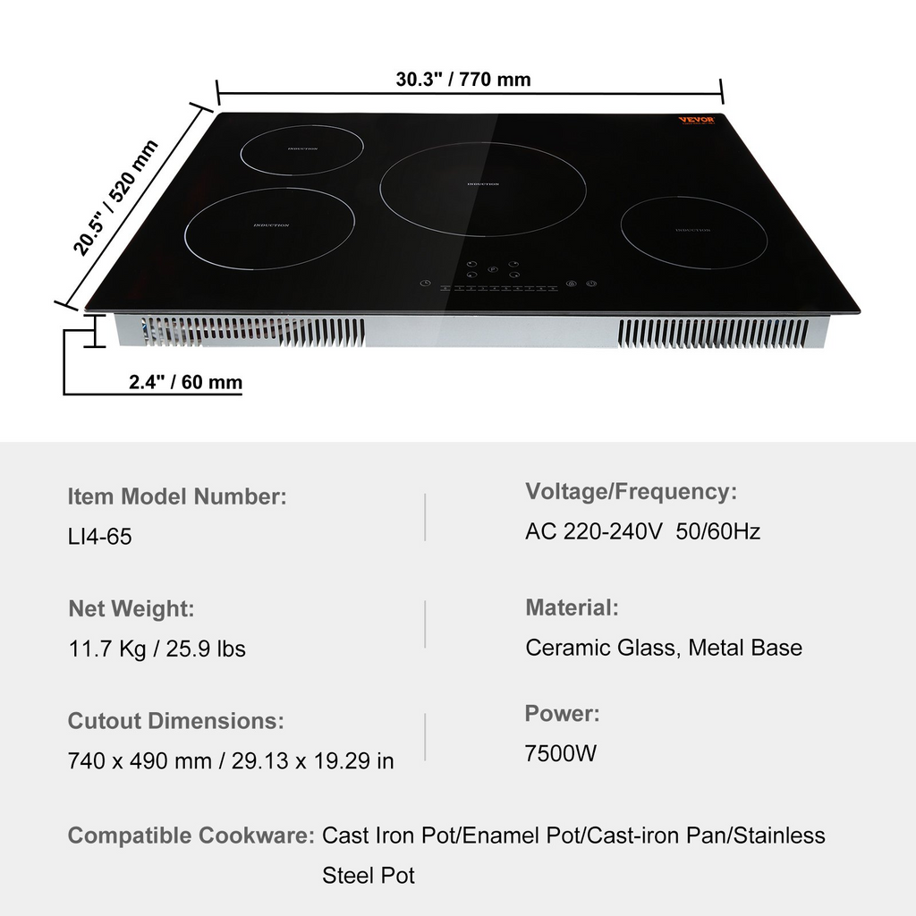 Cocina eléctrica VEVOR 4 quemadores placa de inducción de 30'' placa de cocina magnética incorporada de 7500 W