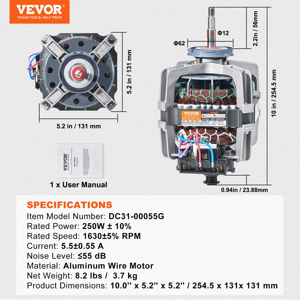 Motor de accionamiento de secadora VEVOR 1/3 HP 1630 RPM