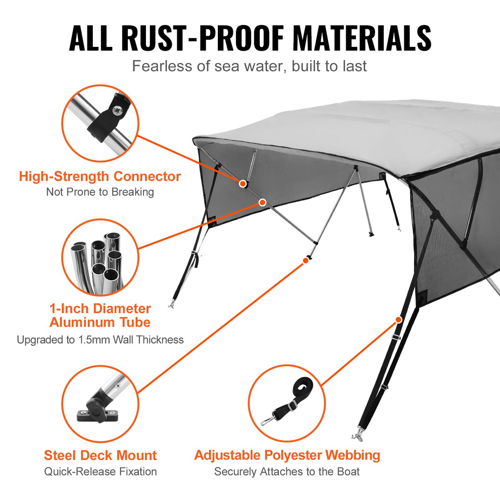 VEVOR - Cubierta para bote con toldo Bimini de 4 arcos paredes laterales de malla desmontables de poliéster 600D con marco de aleación de aluminio de 1"