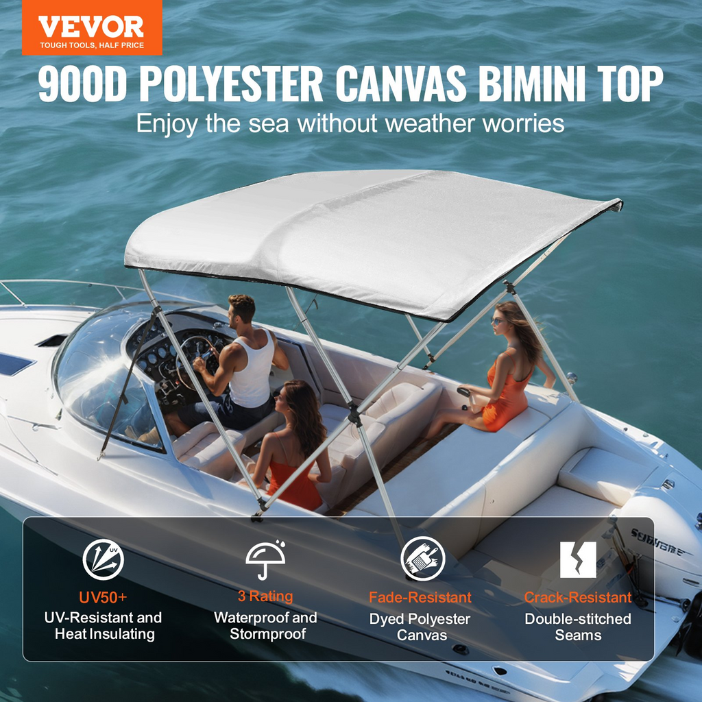 VEVOR - Cubierta para bote con toldo Bimini de 3 arcos toldo de poliéster 900D con marco de aleación de aluminio de 1"