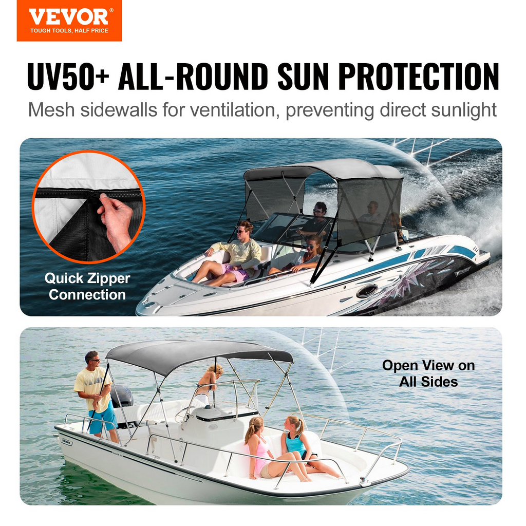 VEVOR - Cubierta para bote con toldo Bimini de 3 arcos paredes laterales de malla desmontables de poliéster 600D