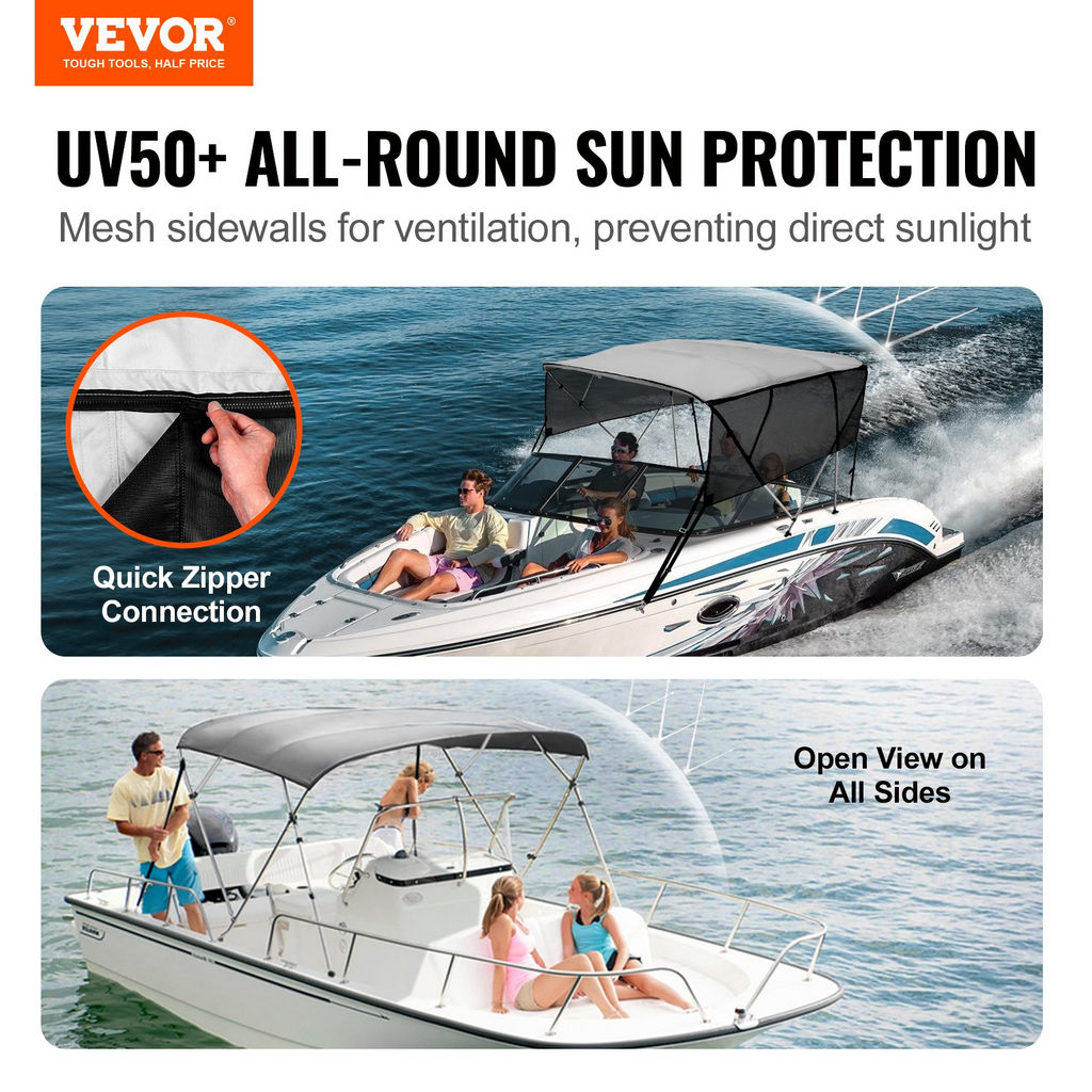 VEVOR - Cubierta para bote con toldo Bimini de 4 arcos paredes laterales de malla desmontables de poliéster 600D con marco de aleación de aluminio de 1"