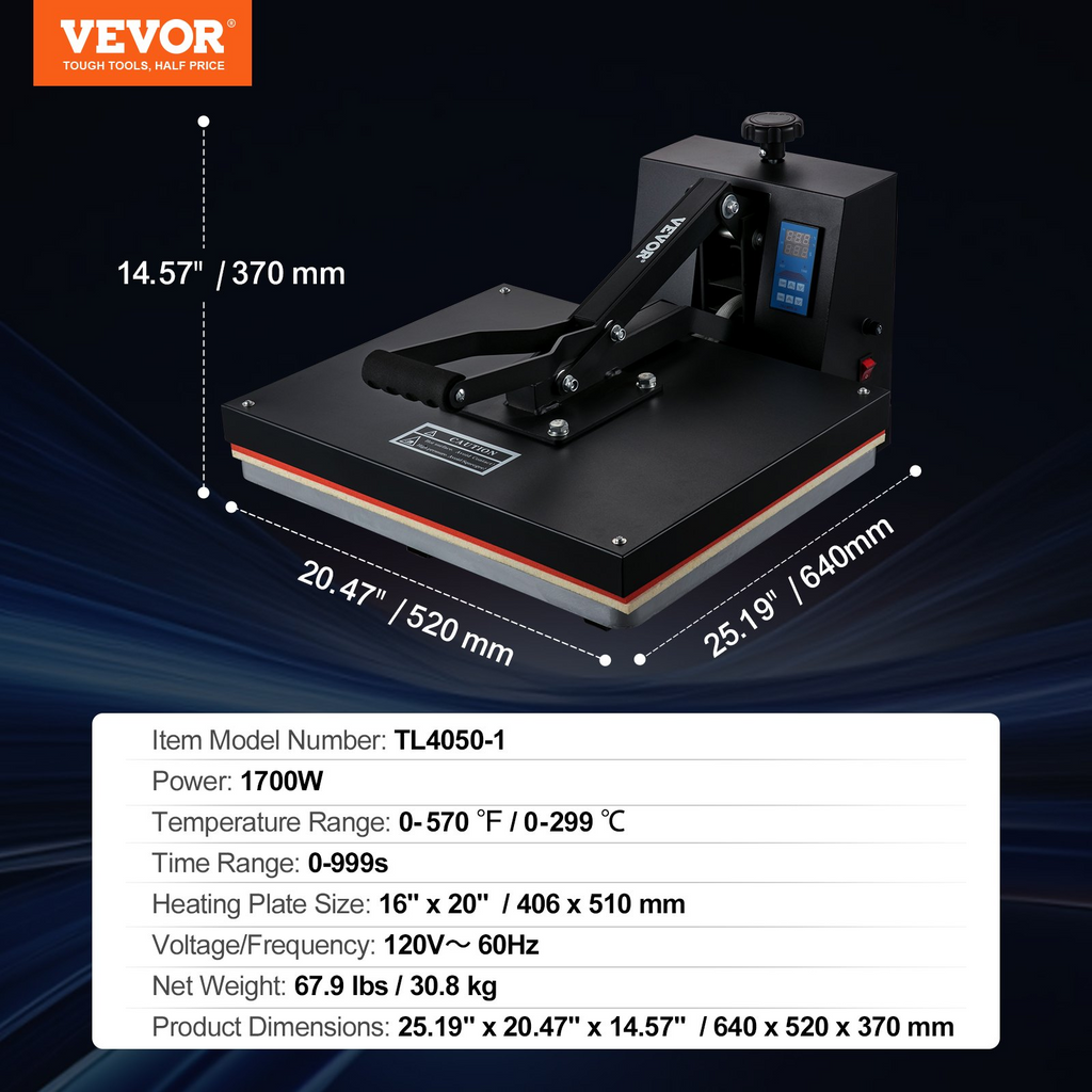 Prensa térmica de 16 x 20 pulgadas 1700 W de potencia