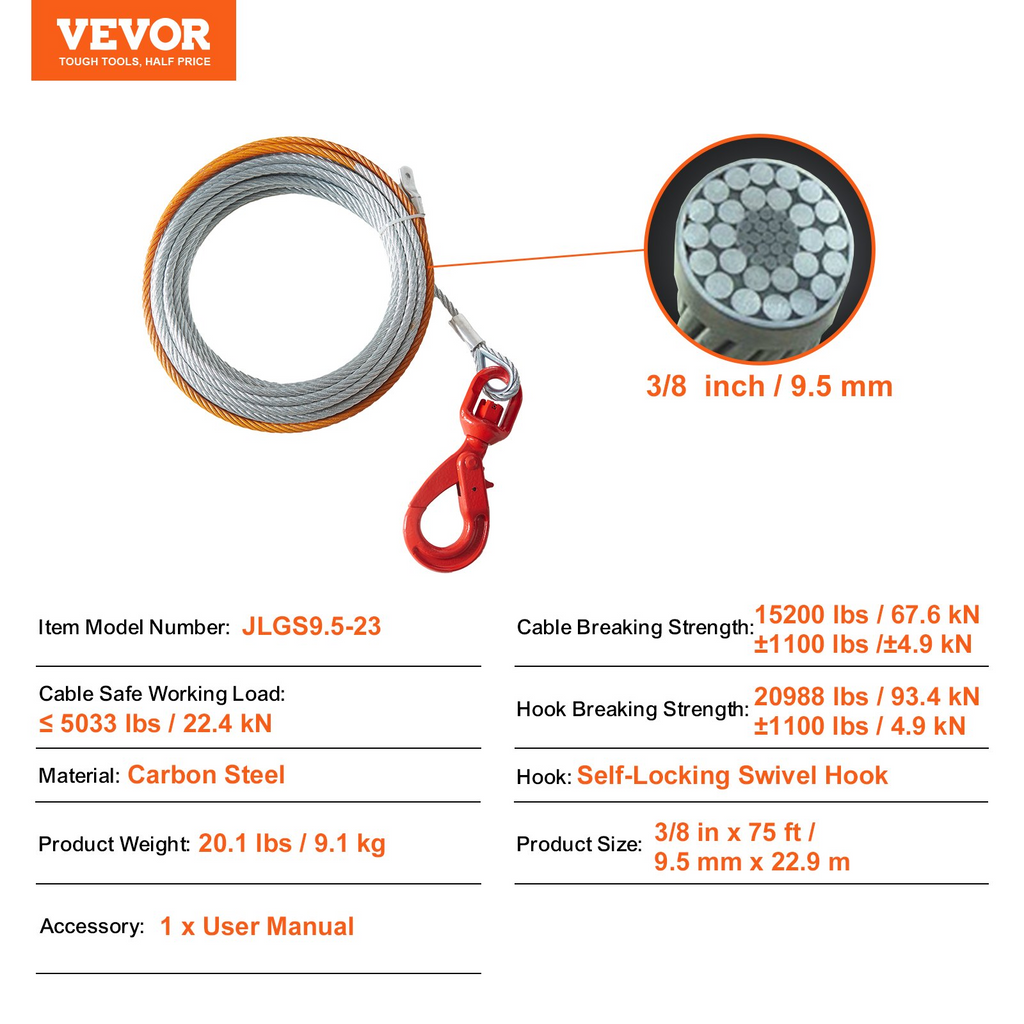 Cable de cabrestante de acero galvanizado VEVOR 3/8 pulgadas x 75 pies 15 200 libras de resistencia a la rotura