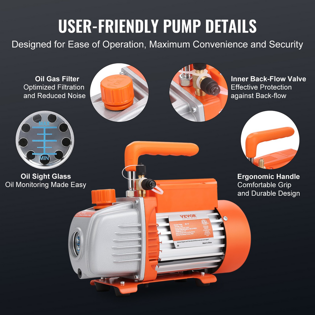 Bomba de vacío y juego de manómetro VEVOR 1/5 HP 3.5 CFM AC  paletas rotativas de 1 etapa HVAC Kit de refrigerante de A/C Juego de manómetro múltiple JH2