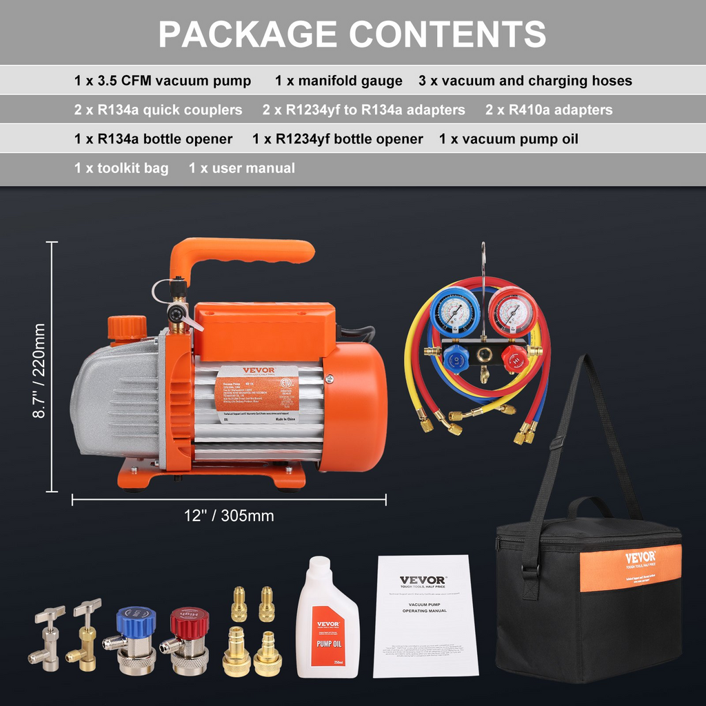 Bomba de vacío y juego de manómetro VEVOR 1/5 HP 3.5 CFM AC  paletas rotativas de 1 etapa HVAC Kit de refrigerante de A/C Juego de manómetro múltiple JH2