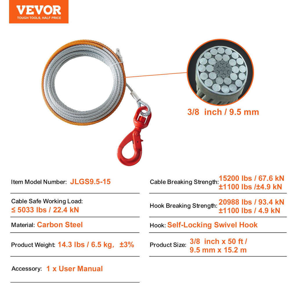 Cable de cabrestante de acero galvanizado VEVOR 3/8 pulgadas x 50 pies 15 200 libras