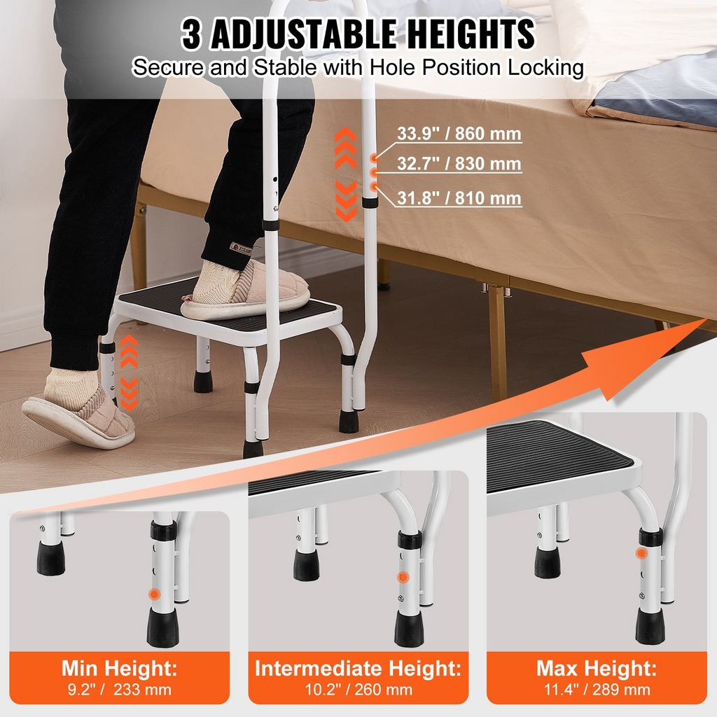VEVOR Taburete de 1 peldaño con capacidad para 330 libras altura ajustable en 3 niveles con asa