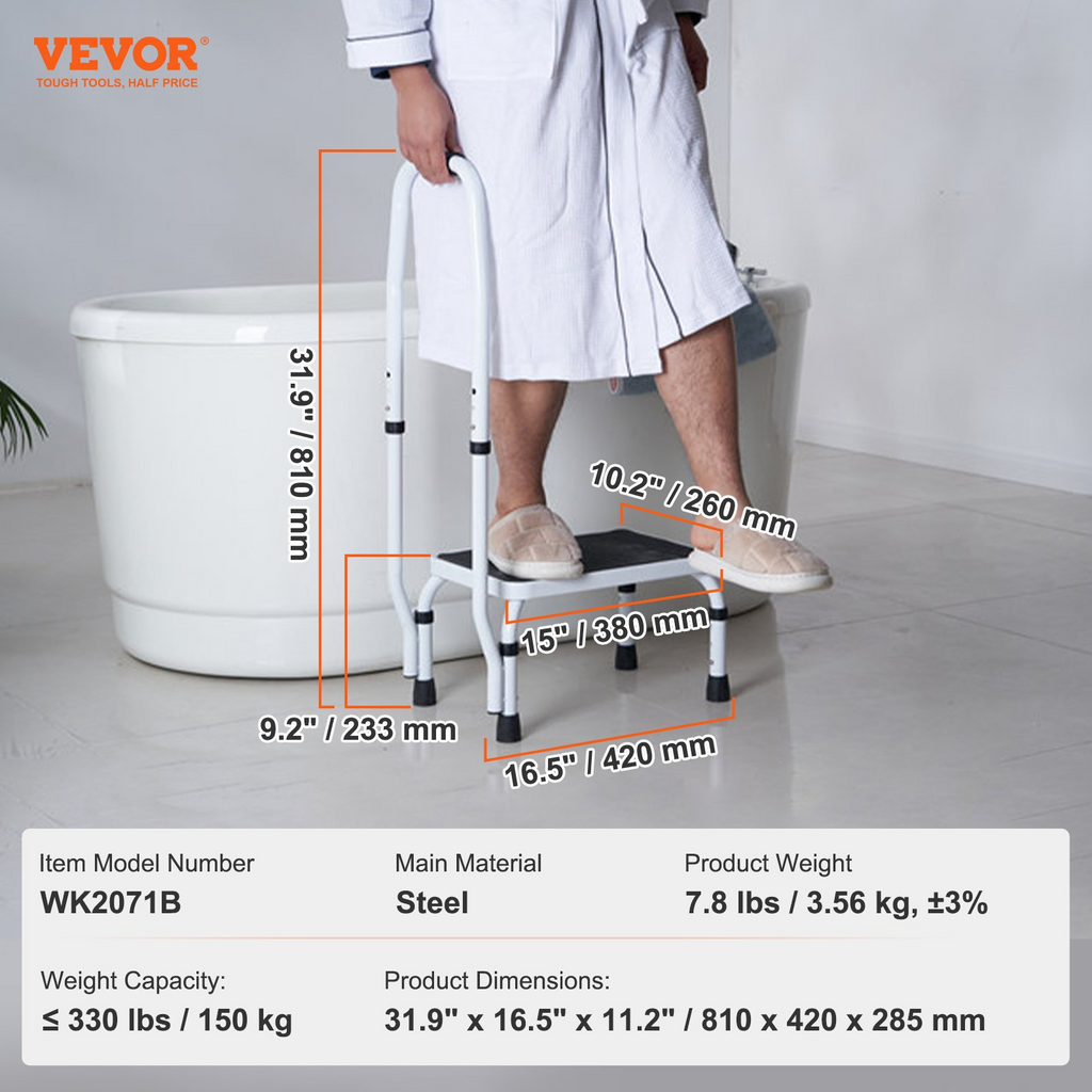 VEVOR Taburete de 1 peldaño con capacidad para 330 libras altura ajustable en 3 niveles con asa
