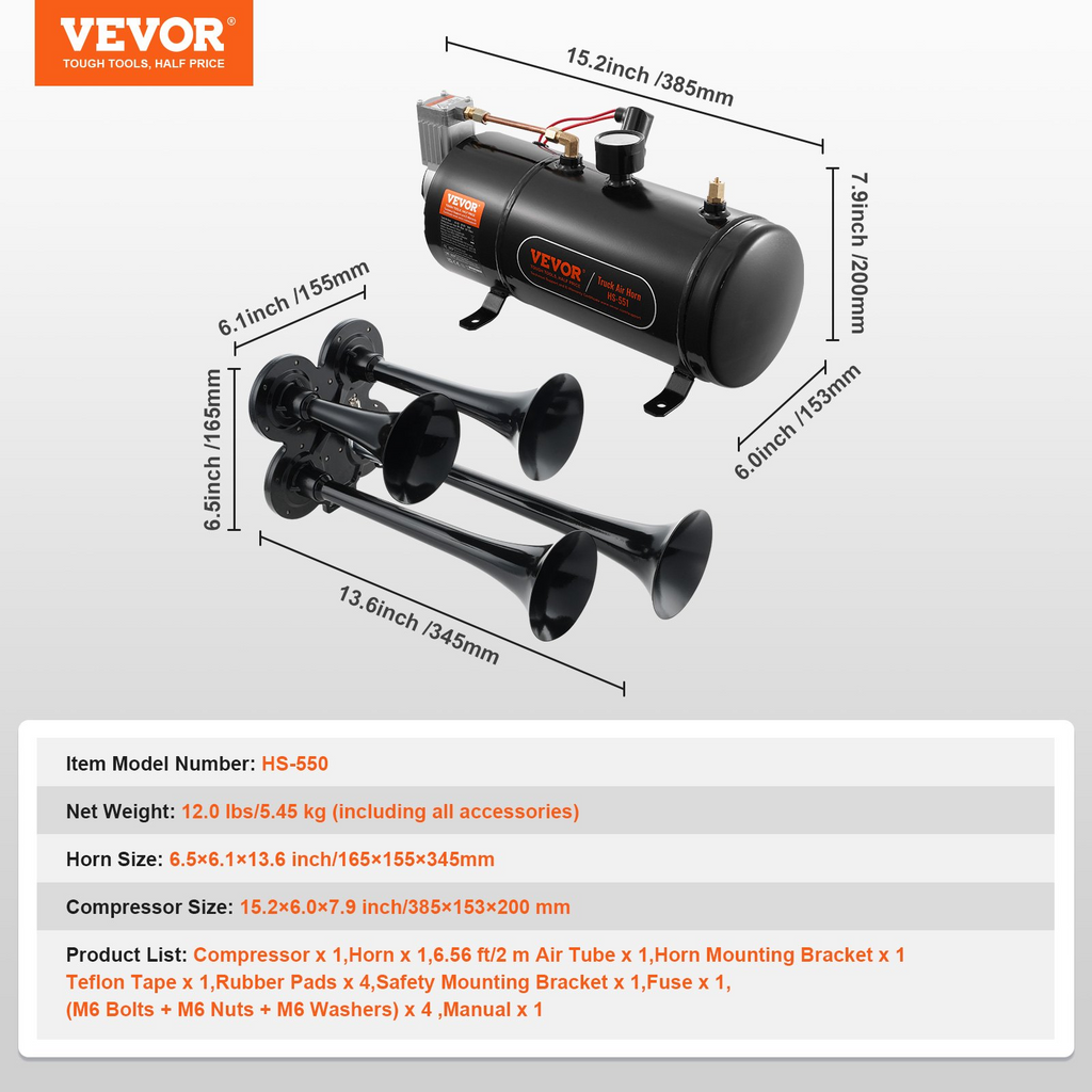 Kit de bocinas de tren VEVOR 150 dB compresor de aire de 12 V y 120 psi tanque de 0,8 galones/3 L