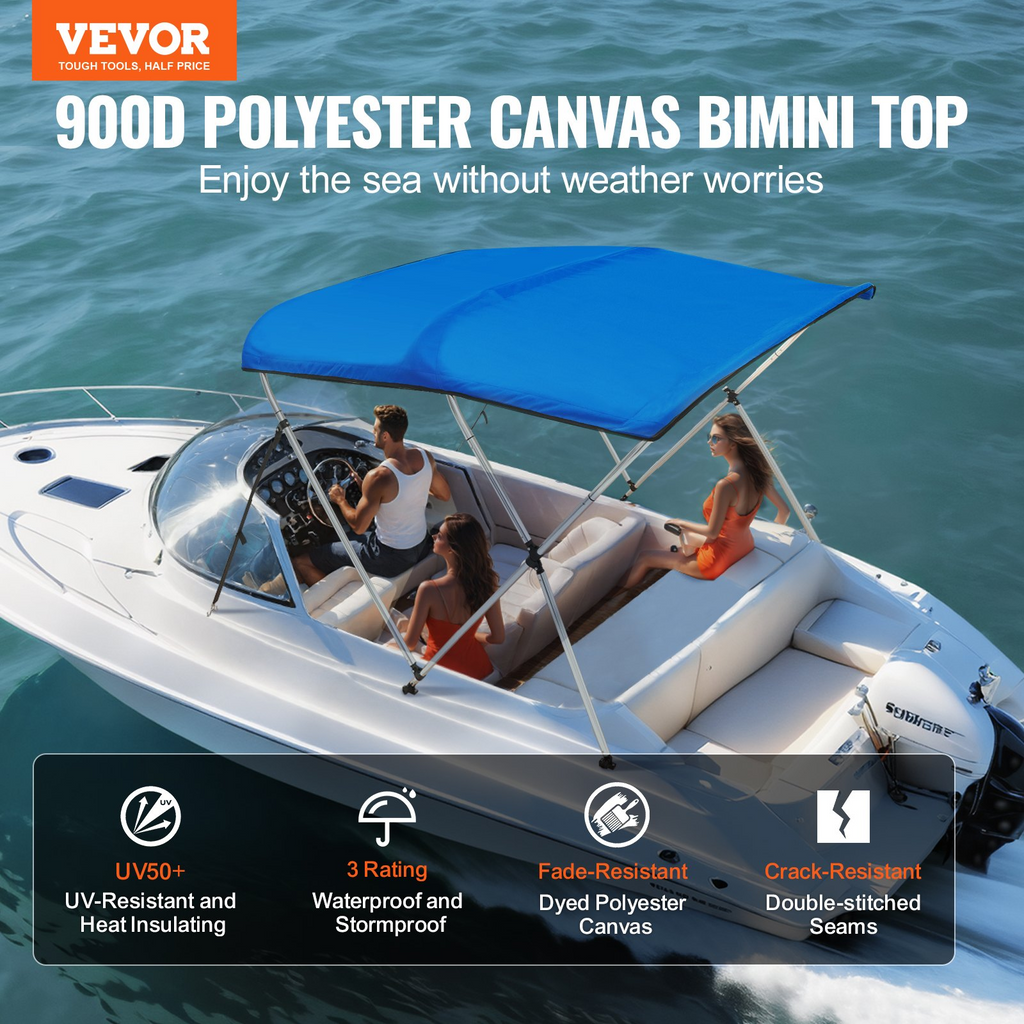 VEVOR - Cubierta para bote con toldo Bimini de 3 arcos de poliéster 900D con marco de aleación de aluminio de 1"