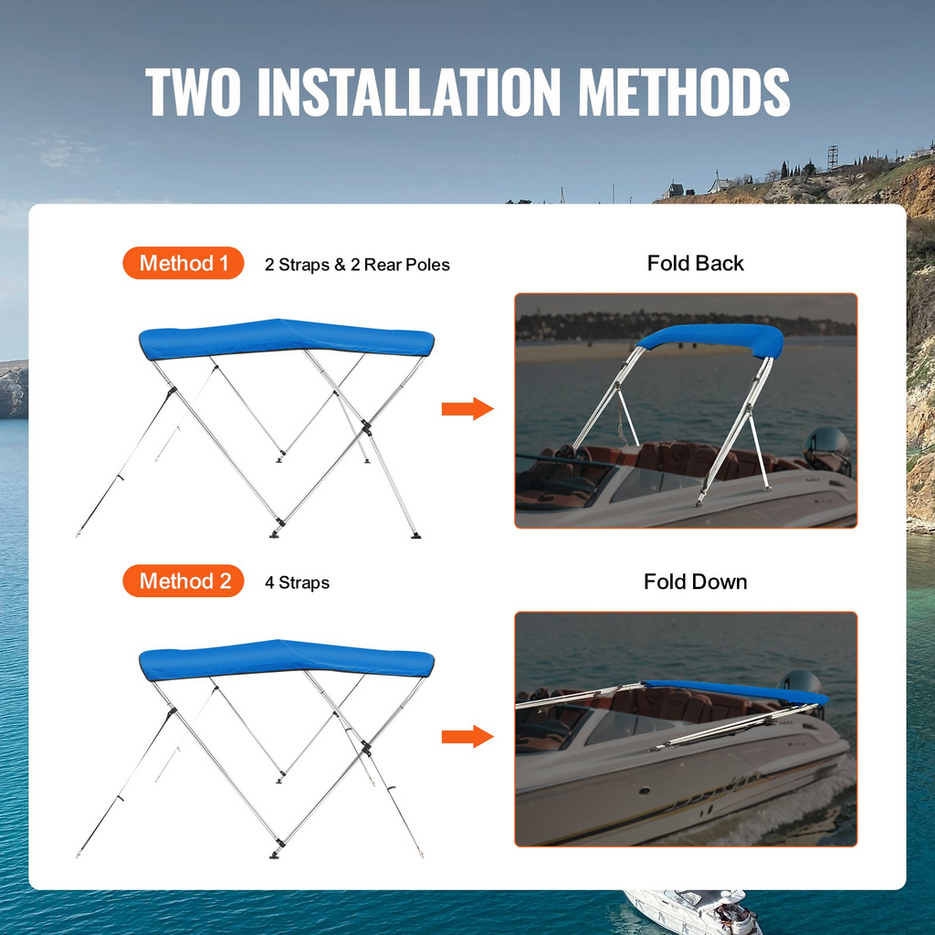 VEVOR - Cubierta para bote con toldo Bimini de 3 arcos de poliéster 900D con marco de aleación de aluminio de 1"