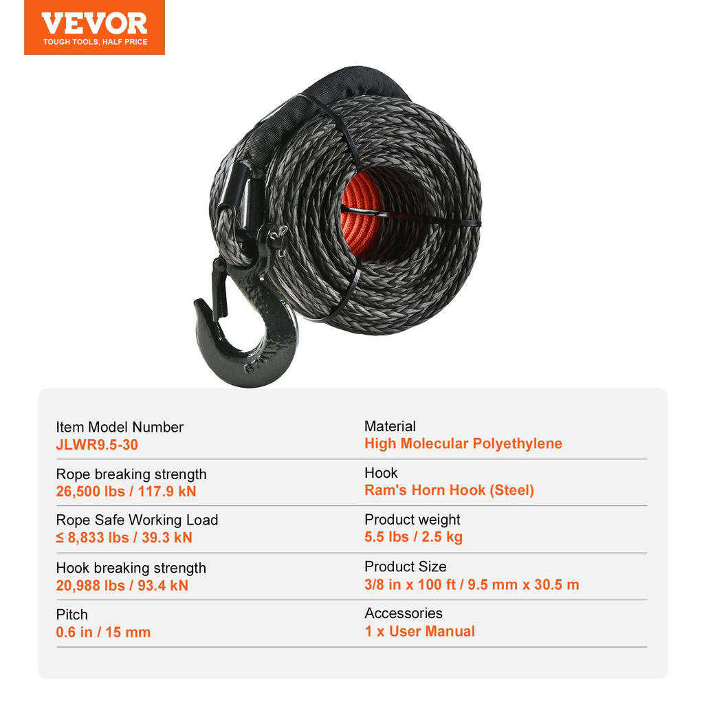 VEVOR Cuerda de polipasto sintética 3/8 pulgadas x 100 pies 26 500 libras