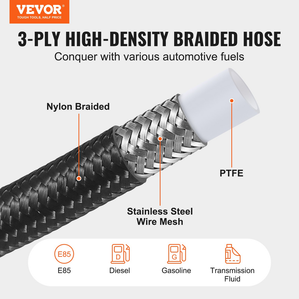 Kit de línea de combustible VEVOR 6AN 25 piestrenzado de acero inoxidable y nailon de 5/16"