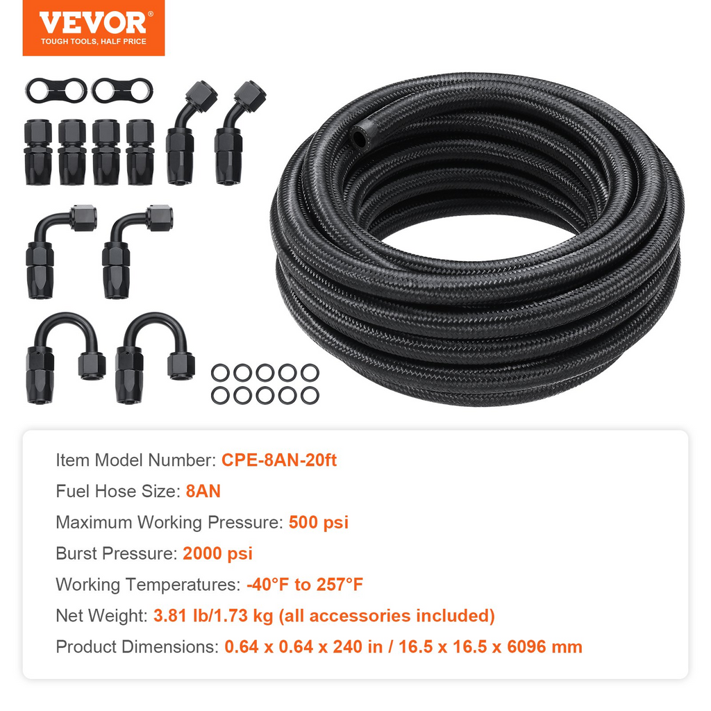 Kit de línea de combustible VEVOR 8AN 20 pies 0,43" adaptador de conexión giratoria