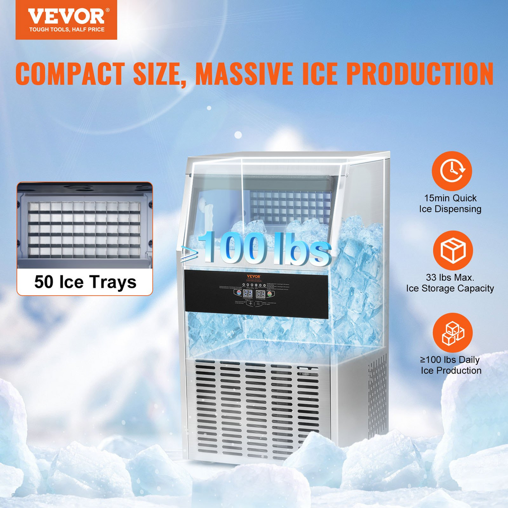 VEVOR Máquina para hacer hielo comercial 100 lb/24 h Almacenamiento 33 lb