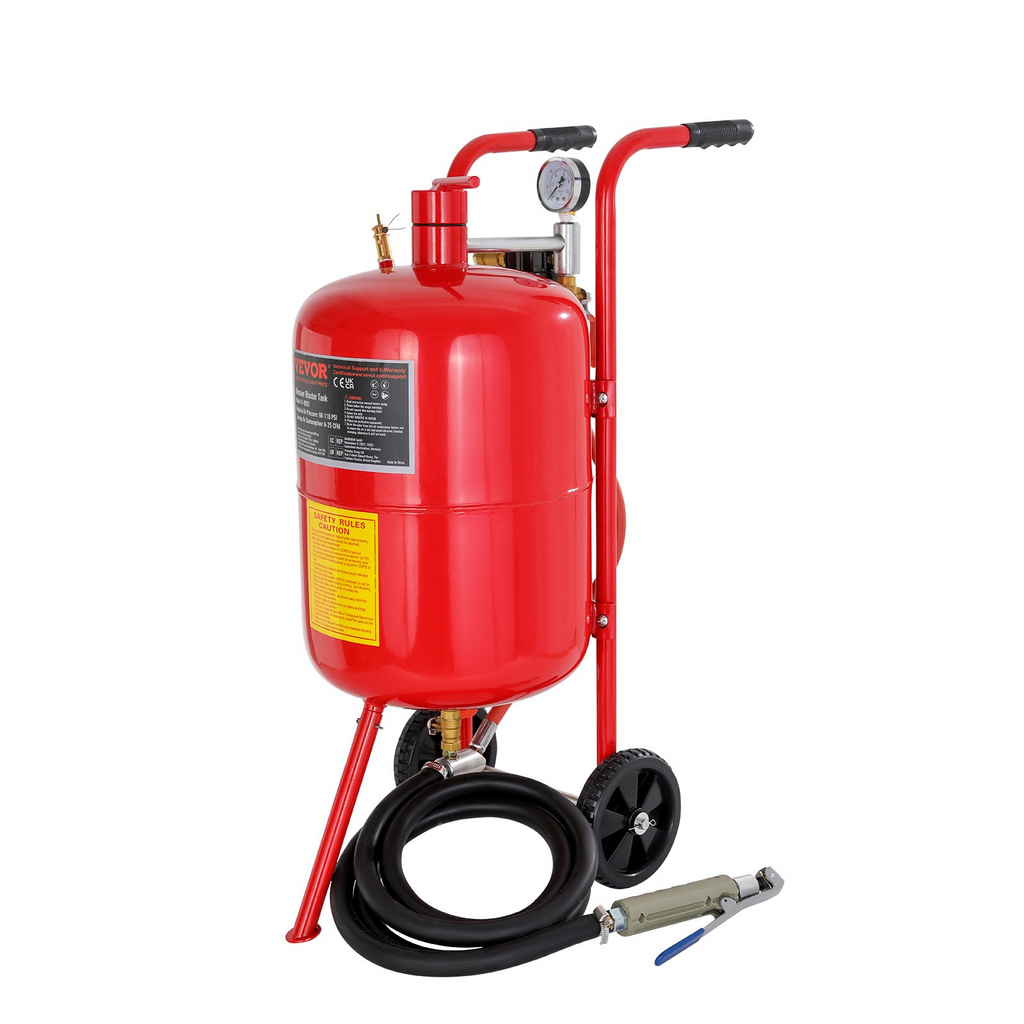 Máquina de chorro de arena VEVOR de 10 galones/40 l equipada con válvula de cierre de boquilla manómetro boquilla de cerámica ruedas de goma chorro de arena potente portátil