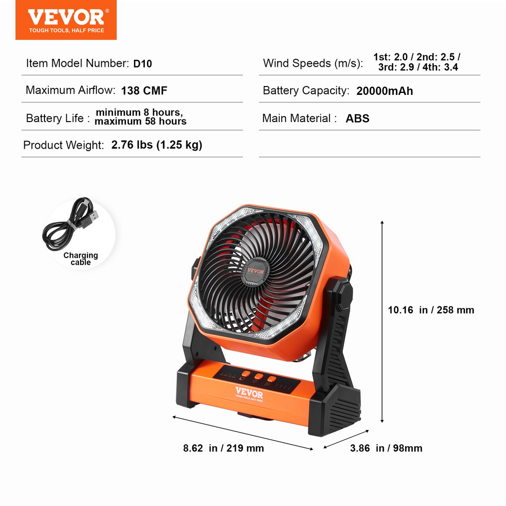 Ventilador portátil VEVOR recargable de 8 pulgadas