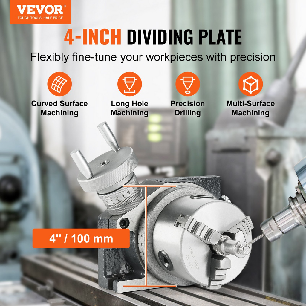 Mesa giratoria VEVOR para fresadoras 4''/100 mm modelo horizontal y vertical de precisión con mandril de 3 mordazas de 3.1''/80 mm pernos en T M10 y tuercas para herramientas de indexación de fresado