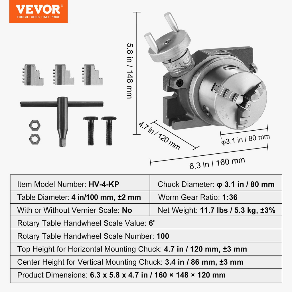 Mesa giratoria VEVOR para fresadoras 4''/100 mm modelo horizontal y vertical de precisión con mandril de 3 mordazas de 3.1''/80 mm pernos en T M10 y tuercas para herramientas de indexación de fresado