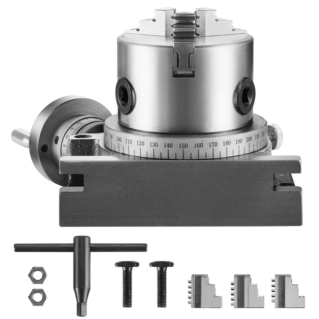 Mesa giratoria VEVOR para fresadoras 4''/100 mm modelo horizontal y vertical de precisión con mandril de 3 mordazas de 3.1''/80 mm pernos en T M10 y tuercas para herramientas de indexación de fresado