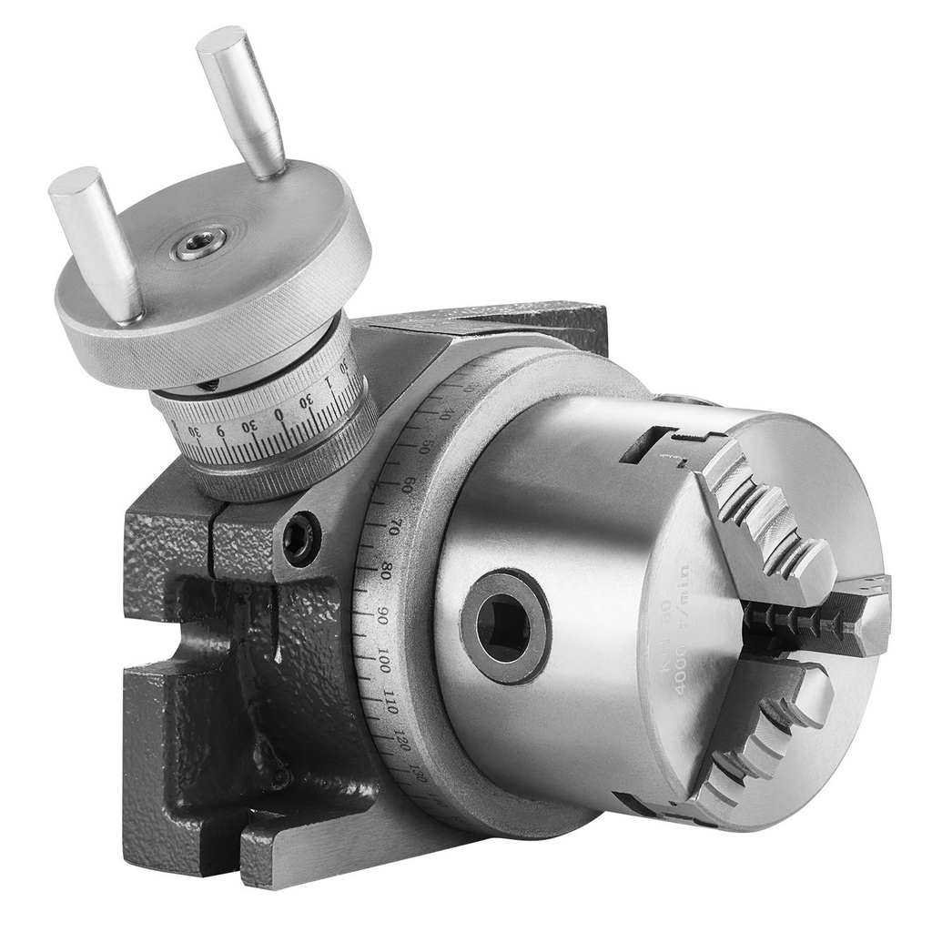 Mesa giratoria VEVOR para fresadoras 4''/100 mm modelo horizontal y vertical de precisión con mandril de 3 mordazas de 3.1''/80 mm pernos en T M10 y tuercas para herramientas de indexación de fresado