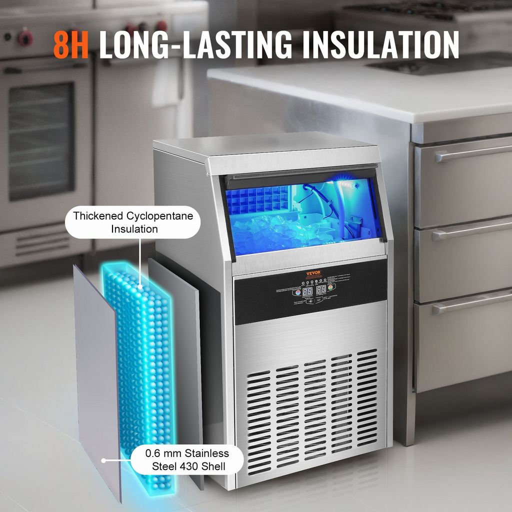 VEVOR Máquina para hacer hielo comercial 130 lb/24 h con capacidad de almacenamiento de 33 lb
