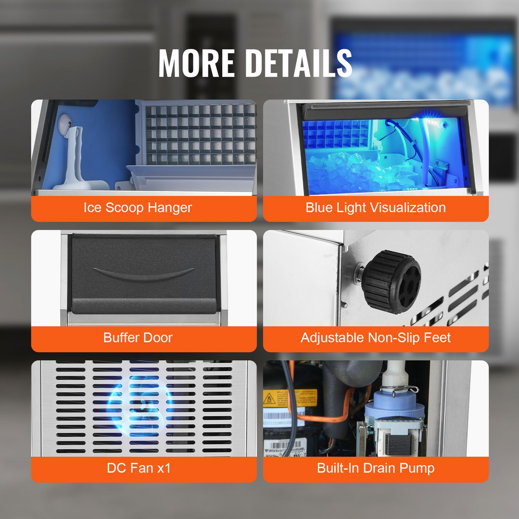 VEVOR Máquina para hacer hielo comercial 130 lb/24 h con capacidad de almacenamiento de 33 lb