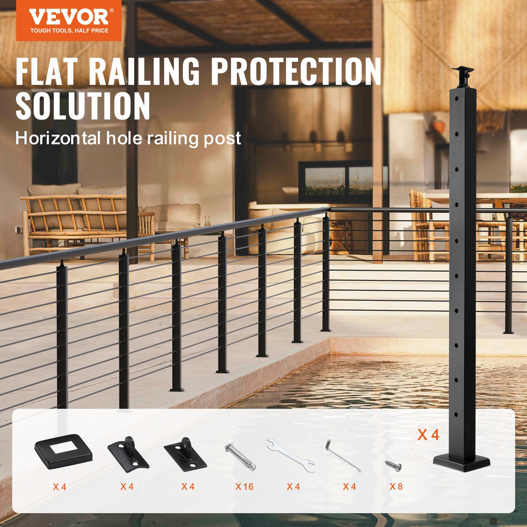 VEVOR - Paquete de 4 postes para barandilla de cable 36" x 1" x 2" con orificios horizontales de acero