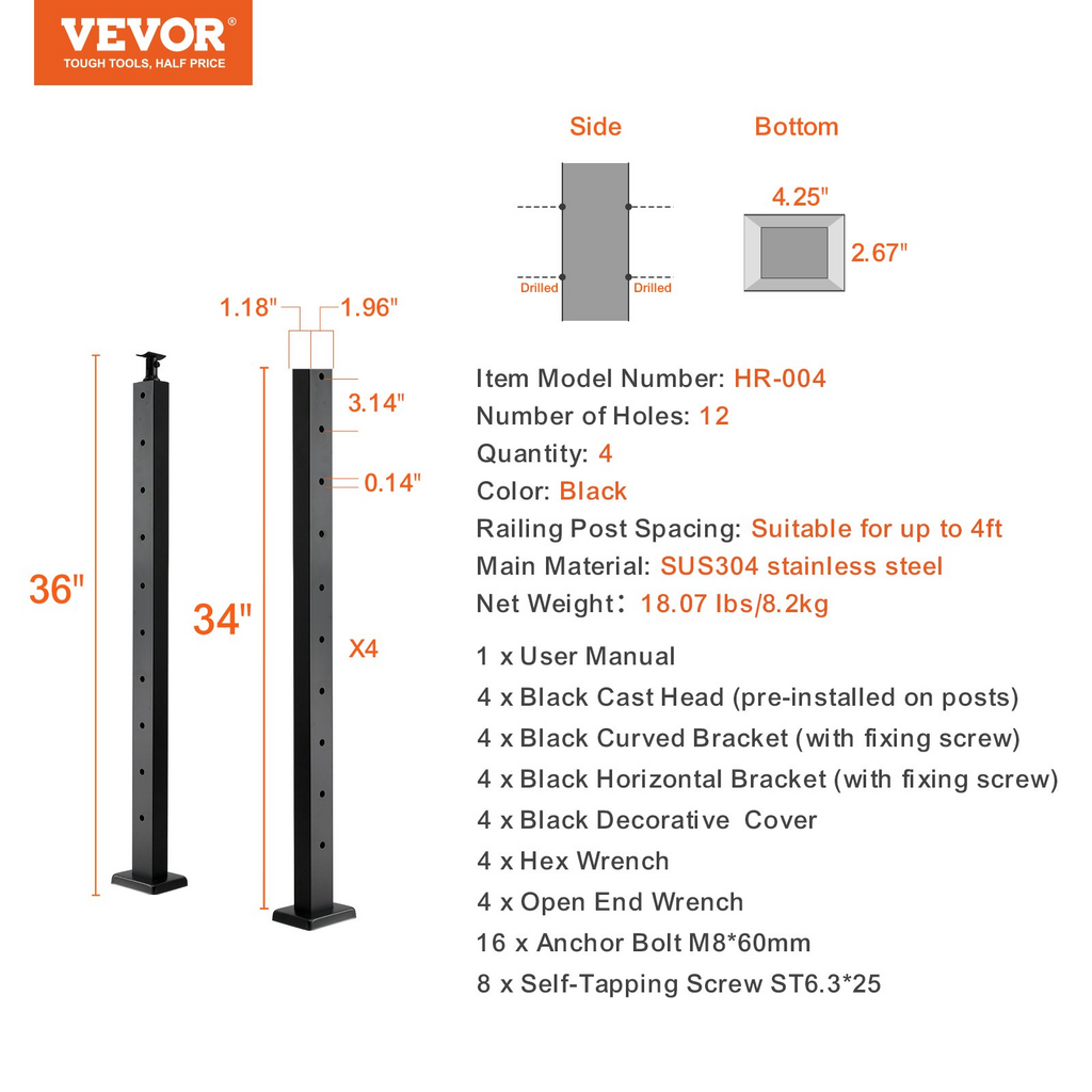 VEVOR - Paquete de 4 postes para barandilla de cable 36" x 1" x 2" con orificios horizontales de acero