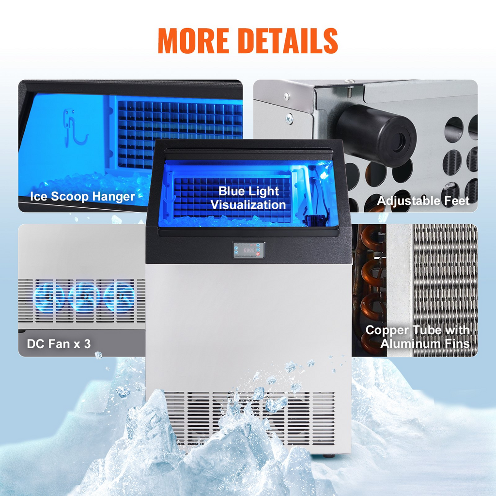 VEVOR Máquina para fabricar hielo comercial 265 lb/24 h capacidad de almacenamiento de 88 lb
