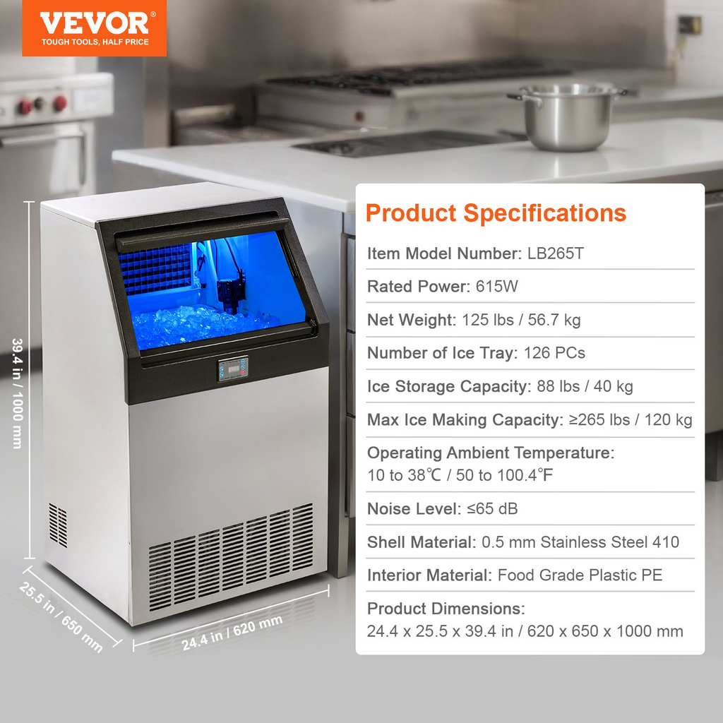 VEVOR Máquina para fabricar hielo comercial 265 lb/24 h capacidad de almacenamiento de 88 lb