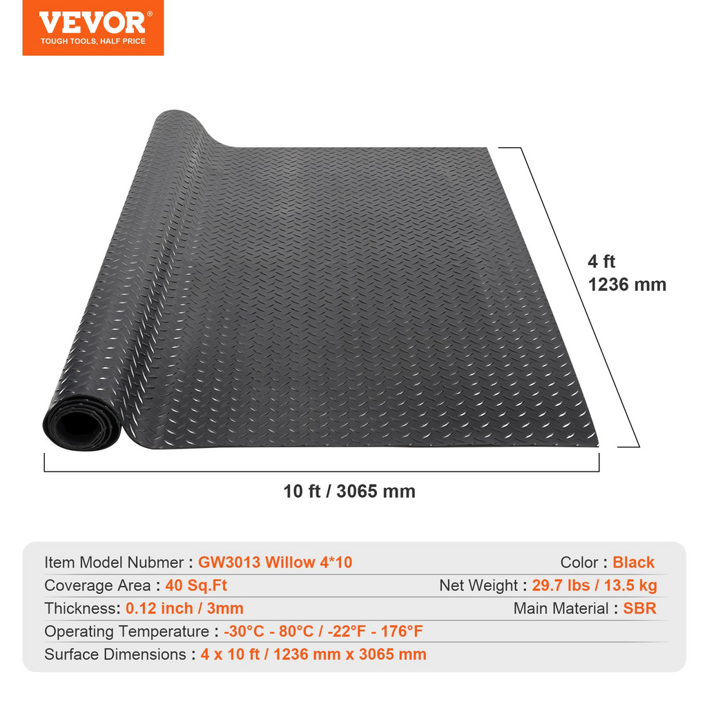 VEVOR - Rollo de suelo de caucho con placa de diamante 3 mm x 4 pies x 10 pies para garaje