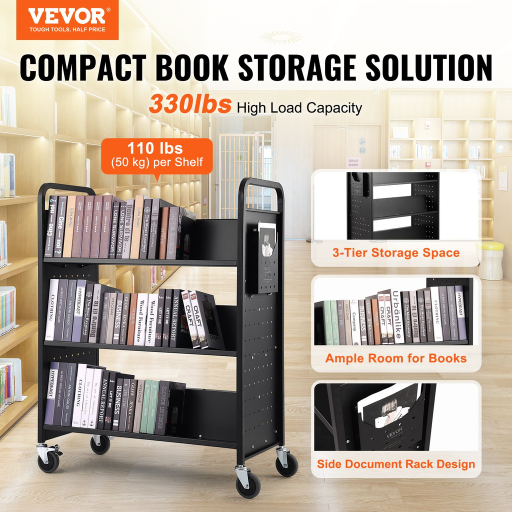 Carrito para libros con ruedas 150 kg 39,4 x 20,1 x 49,2 in con ruedas bloqueables de 10 cm