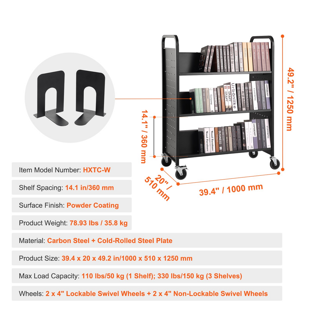 Carrito para libros con ruedas 150 kg 39,4 x 20,1 x 49,2 in con ruedas bloqueables de 10 cm