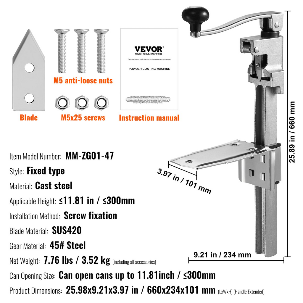 Abrelatas manual para latas grandes altura ajustable de hasta 11,8" de alto