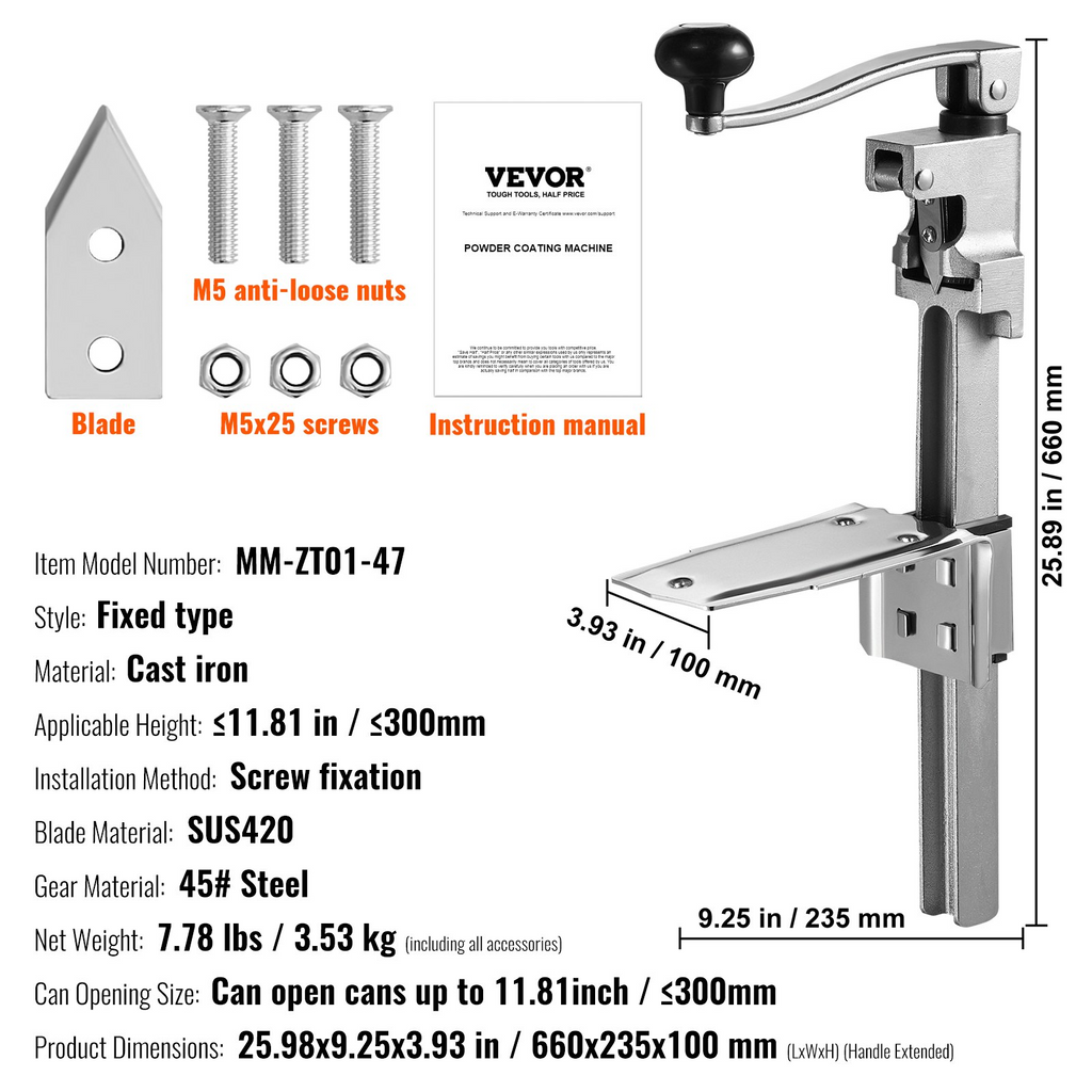 Abrelatas manual VEVOR de altura ajustable para latas de hasta 11,8" de alto